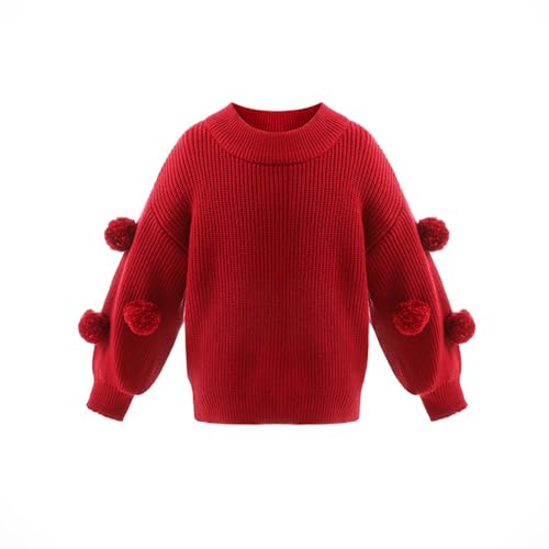Yeahdor Little Kids Girls Knitted Pullover Sweater Fuzzy Pom Pom Knitwear Lantern Sleeve Jumper Tops