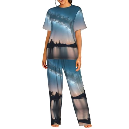 Pyjama doux femme ciel nocturne et arbres en coton confortable pour nuit