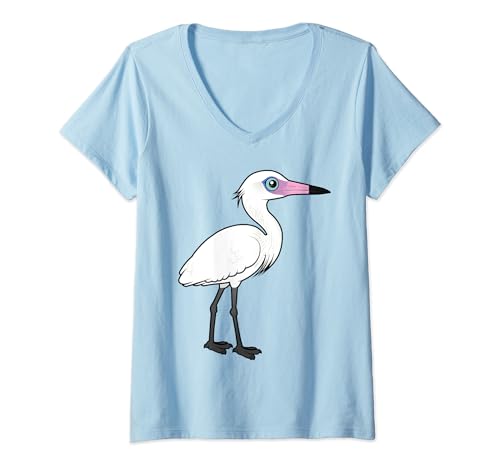 Womens Cute Cartoon Reddish Egret White Morph Birdorable Bird V-Neck T-Shirt