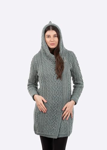 Image of SAOL Ladies Irish Aran Zip Cardigan - 100% Merino Wool Coat with Pockets and Hood, Made in Ireland