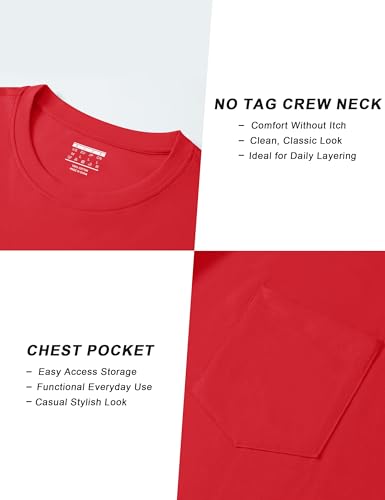 Cotrasen Long Sleeve Shirts for Men Cotton Crew Neck Pocket T Shirts Casual Breathable Comfortable Tee Shirts TomatoRed XL