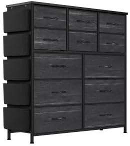 Jojoka 12-Drawer Fabric Dresser with Bins - Tall Storage Tower, Wood Top Chest of Drawers, Easy Pull Handles, Closet Organizer for Bedroom, Hallway & Entryway-Black