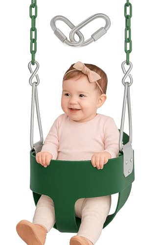 Image of Heavy-Duty High Back Full Bucket Toddler Swing Seat with 60 inch Coated Swing Chains and Carabiners for Easy Install Fully Assembled (Green)