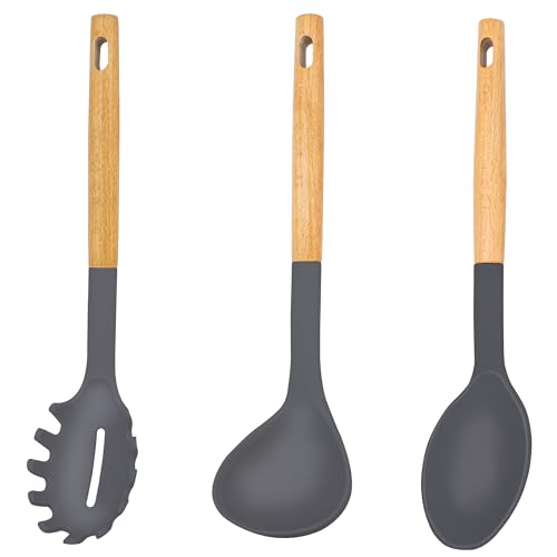 EANINNO Nonstick Silicone Cooking Spoons Set, 3 PCS Large Soup Ladle Solid Spoon Pasta Server for Spaghetti Sauce Serving Stirring, Heat Resistant Kitchen Utensils Wooden Grey