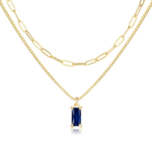 Pls Back Dainty Gold Charm Necklaces for Women Non Tarnish 14K Trendy Blue Green Cubic Zirconia Emerald Pendant Birthstone Necklaces Birthday Gifts for Women Waterproof Jewelry September(Sapphire)