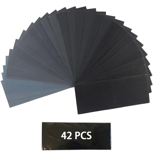 42pcs Sandpaper, 120 to 3000 Grits,Wet and Dry Sandpaper 9x3.6 Inch, Sand Paper Pack for Wood Furniture,Polishing Metals Walls,CarsWet, Mixed Grits Assorted Sanding Papers Paint Sand Paper for Oil