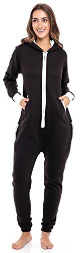 Skylinewears Fleece Non-Footed One Piece Onesie for Women Ladies Adult Hooded Pajamas Jumpsuit Black M