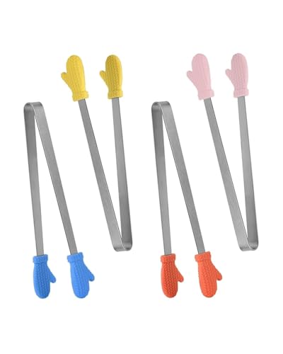 FUGLUS 4 Pezzi Mini Pinza Silicone Ghiaccio, 12.5cm Mini Forma Mano Pinza Cucina, Antiscivolo Pinze Forma Mano per Zucchero in Acciaio Inox Silicone, per Contenere Dessert (13.3 * 6.6cm)
