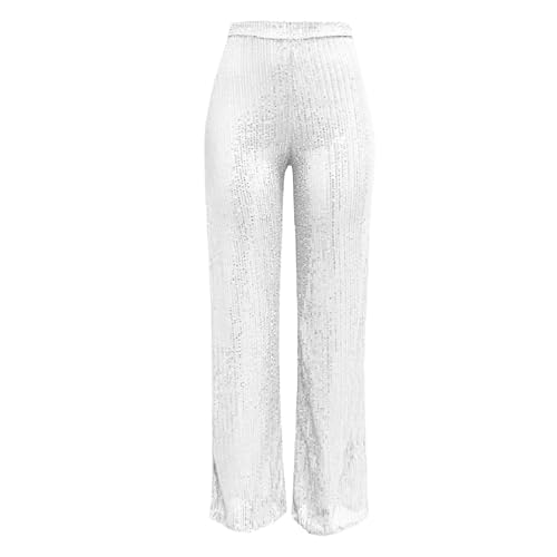 Womens Wide Leg Pants Elastic High Waist Sequin Sparkly Dance Pants Baggy Summer Fashion Baggy Palazzo Stretch Trousers White4