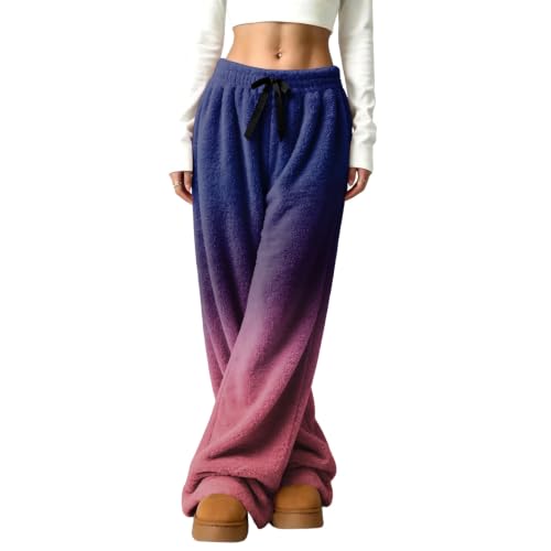 Womens Wide Leg Pants Plush Gradient Color Flannel Fluffy Work Pant | Loose Fit, Fluffy Plush, Cute, Pajamas Bottom, Relaxed, Warm Fabric, Thermal, Camping, Home, Casual, Fall and Winter Clothes - image 4
