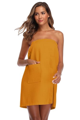 Image of Women's Bath Towel Wrap Waffle Spa Body Wrap with Adjustable Closure Quick Dry Lightweight Towel Robes with Pocket, Orange S /M