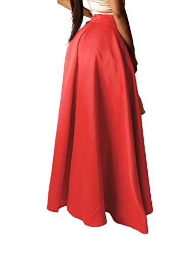 Vrtige Women's Satin Pleated Asymmetrical Split Hem High Waist Cocktail A Line Maxi Skirt Red Medium #TOP1