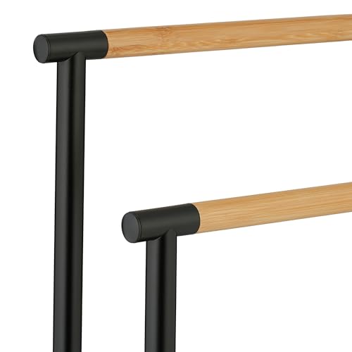 Relaxdays Toallero de Pie, Porta Toallas Baño, Soporte con 2 Brazos, Acero Inoxidable, Bambú, Montaje Sin Taladro, Negro - imagen 6