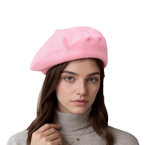 AURORAAEGIS French Beret Hats for Women - Classic Wool Beret Hats Soft Knit Winter Cloche for Daily Outfits Pink