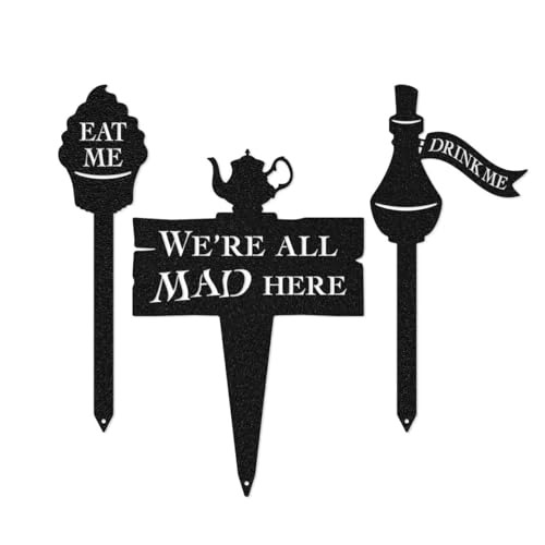 Alice in Wonderland Garden Stakes – Set 4: Eat Me, Drink Me, We’re All Mad Here – RealSteel Original Outdoor Décor – Powder Coated American Steel – Made in USA (Black)