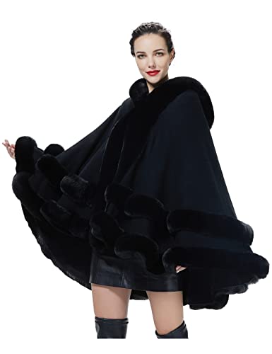 BEAUTELICATE Knit Cape Coat Women Knitted Hooded Cloak Poncho with Fur Trims Faux Fur Shawl Wrap Stole Fashion Oversize Cardigans for Autumn Winter Wedding Bride Bridesmaids(One Size, Black)