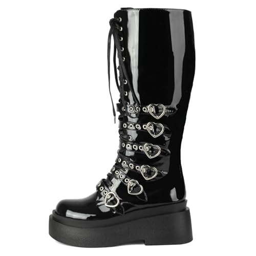 Image of Parisuit Women's Knee High Goth Platform Boots Lace Up Combat Boots | Chunky High Heel, Buckle Boots, Punk Chain Boots