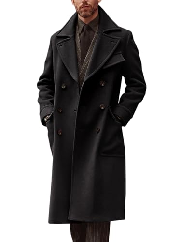 Image of Runcati Mens Trench Coat Notch Lapel Double Breasted Peacoat Wool Blend Casual Long Overcoat