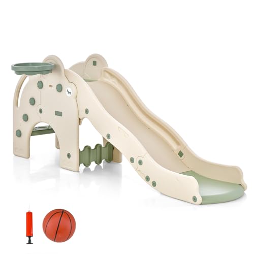 HOMASIS Aire de Jeux 4-en-1 avec Toboggan à Vagues, Panier, échelle et Tunnel, Toboggan pour Enfants avec Ballon et Pompe, Jeux de Jardin pour Enfants de 18+ Mois (Vert + Blanc)