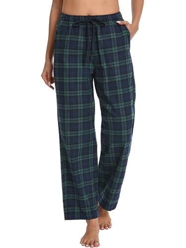Nutria Pantaloni da pigiama da donna in flanella a quadretti in cotone morbido spazzolato PJ Bottoms caldo lounge sonno invernale biancheria da notte con tasche D06B, Verde e blu navy a scacchi, L