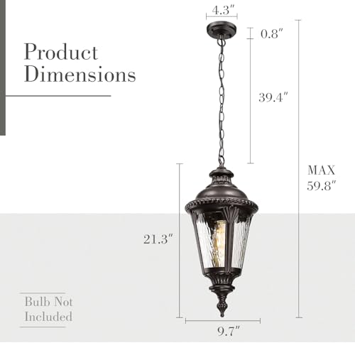 Image of Emliviar 21.3 inch Modern Hanging Porch Light with Adjustable Chain, Water Ripple Glass Outside Hanging Lighting in Oil Rubbed Bronze Finish, XE265H-M ORB-SW