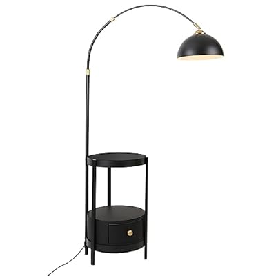 EurHomePlus Floor Lamp with Table Wood Industrial Modern Arc Floor Lamp with Shelves Farmhouse Rustic Floor Standing Lamps for Living Room Bedroom Office (Black)