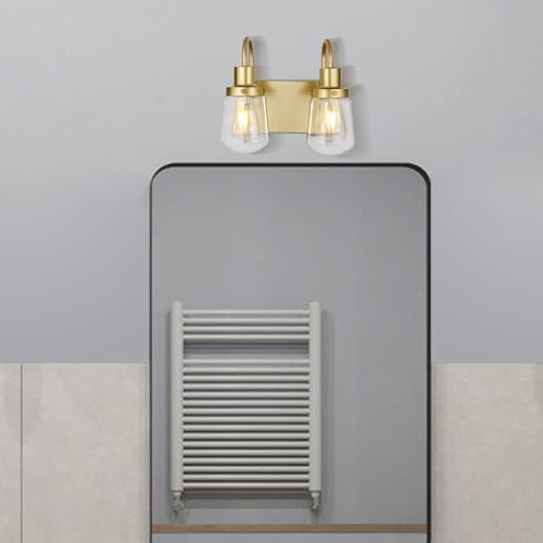 Image of Yaohong Gold Bathroom Light Fixtures, 2-Light Vintage Gold Vanity Lights, Industrial Wall Sconce with Clear Glass Shade Light Fixtures for Bathroom Above Mirror Kitchen Living Room Gallery