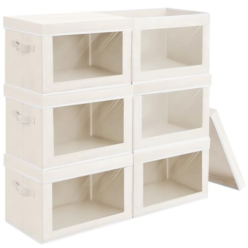 Image of Large Storage Bins with Lids - Fabric Storage Cubes with Window, Collapsible Bins for Clothes, 15.7 Inch Large Baskets for Bedroom, Dorm, Office, Beige, 6 Pack