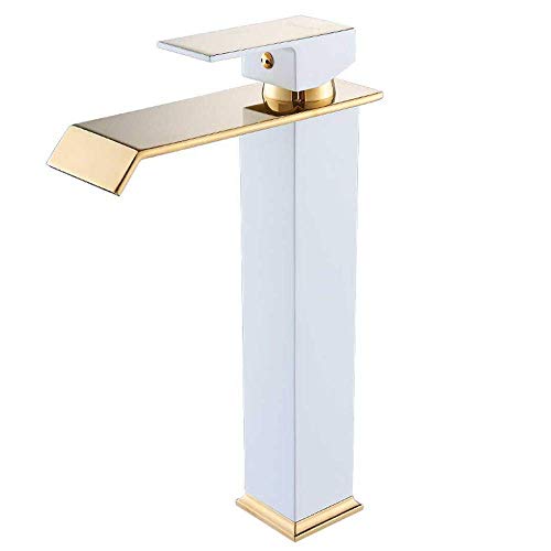Grifo de baño de latón alto con cascada elegante en negro y oro