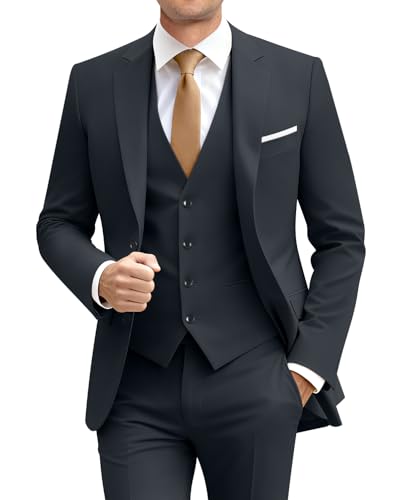 Image of Mens Suit Solid Two Button Slim Fit Suit Set for Wedding Formal Business Suit Men 3 Piece Suit Blazer Vest Pants Set