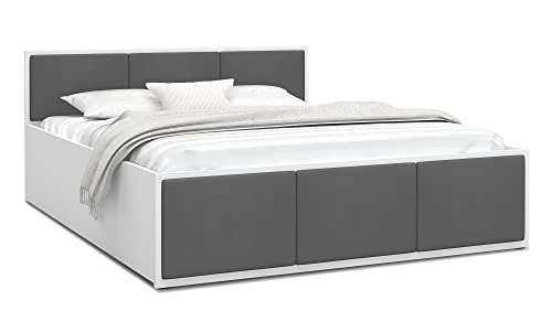 FurnitureByJDM Bett 120x200 mit Stauraum & Gepolsterte Einsätze – Doppelbett mit Bettkasten und aufklappbarem Lattenrost – Stauraumbett mit Liftfunktion - Panama (Weiß/Graphit Einsätze)