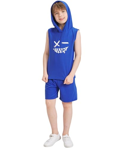 Image of Kids Boys Summer 2PCS Outfits Sleeveless Hooded Loose Casual Top Shirt and Elastic High Waist Sports Short Pant Set