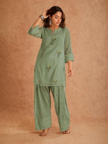 Image of ANNI Designer Farshi Salwar Suit for Women Viscose Embroidered | Co Ord Set for Woman | Straight Kurta Palazzo Outfit Round Neck V Slit 3 /4 Sleeve Ethnic Dress Womens Clothing