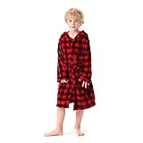 V.&GRIN Boys Girls Fleece Bathrobe, Hooded Toddler Soft Fuzzy Robe for Kids 3-14 Years（Red Plaid 13-14