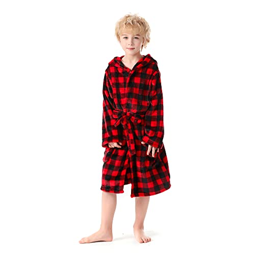 V.&GRIN Boys Girls Fleece Bathrobe, Hooded Toddler Soft Fuzzy Robe for Kids 3-14 Yearsï¼ˆRed Plaid 14)
