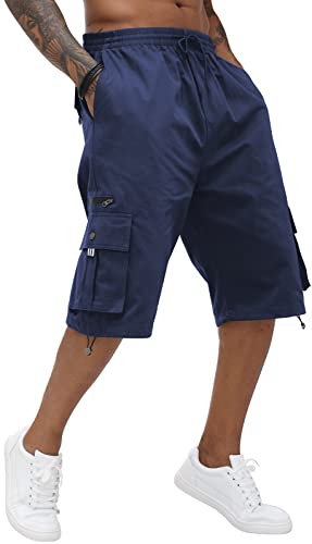 Pantalones cortos cargo de algodón para hombre, cintura elástica, pantalones capri hasta la rodilla con múltiples bolsillos, azul marino, 54