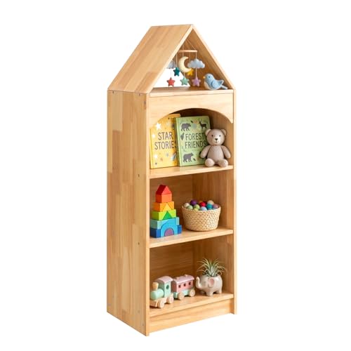 Image of OOOK Rubberwood Montessori Shelf, 4-Tier Toy Organizers and Storage, Wood Corner Cabinet for Kids Room, Playroom, Nursery, Classroom, Kindergarten