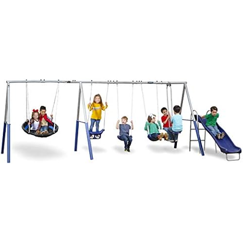 XDP Recreation Fun Forever Swing Set with 6' Wave Slide - 8 User / 6 Station Easy Assembly Galvanized Metal Backyard Play Kids Swing Set. 800 lbs. Capacity, 192" L x 104" Deep x 74" H