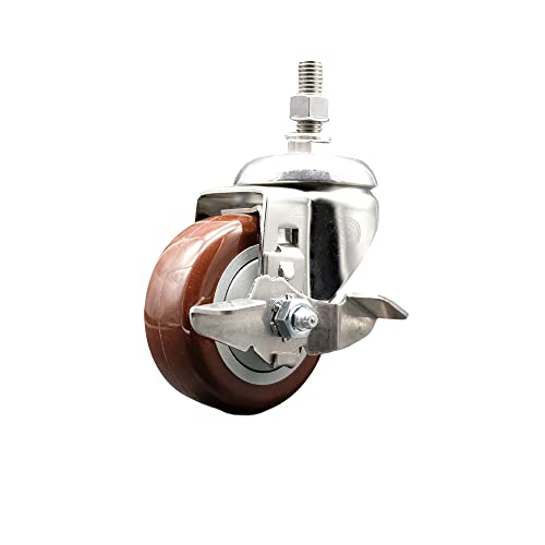 Polyurethane Swivel Stem Caster with 3 Inch Maroon Caster Wheel and Top Lock Brake - 12mm Metric Threaded Stem - 316 Stainless Steel Caster - 300 lbs. Capacity Per Caster - Service Caster Brand