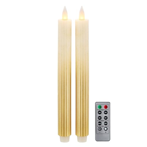 Image of Flameless Taper Candles Flickering with Remote and Timer, 3D Moving Flame Taper Candle Battery Operated to 400 Hours, 9 Inch Window Candles, (Gradient Gold-Vertical Stripes)