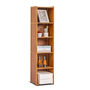 MoNiBloom Narrow 5 Tier Bookcase, Bamboo Tall Freestanding Display Storage Shelves Collection Decor Furniture for Home Living Room Kitchen, Brown