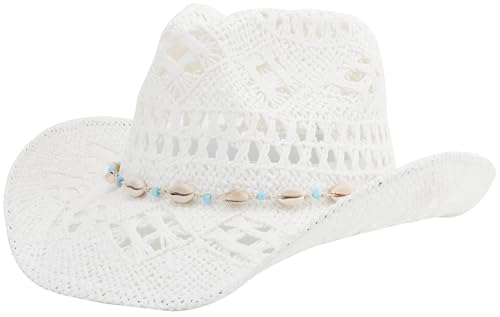 Melesh Straw Cowboy Hat for Women and Men with Shapeable Wide Brim Sun Beach Western Cowgirl Hat (US, Alpha, One Size, White-M)