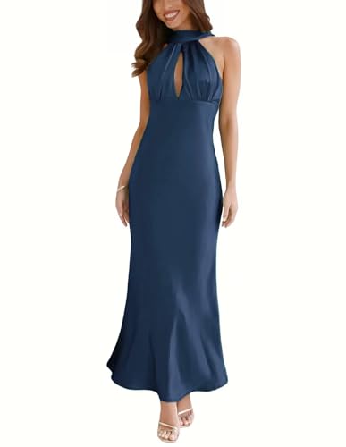 2024 Satin-Neckholder-Midikleid aus Seide, sexy, ärmellos, rückenfrei, Empire-Taille, formelle Kleider für Hochzeitsgäste, Marineblau, Groß