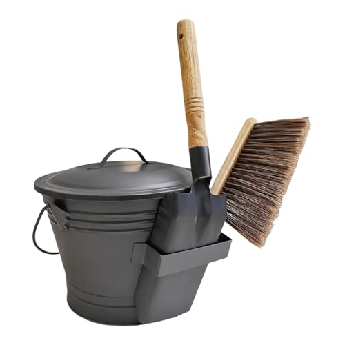 Cubo de cenizas con tapa, de cenizas para chimeneas, de metal de 5 litros para cenizas calientes con pala y escoba de mano para chimenea, patio, jardín, estufa de leña, hoguera de