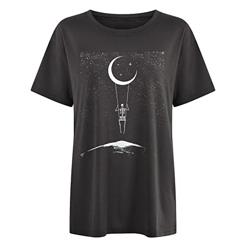 Gteuktg Summer Y2K Tops For Women, Casual Vintage Skull Short Sleeve T-Shirt, Oversize Loose Crewneck Elastic Black Tees, A04#Dark Gray, X-Large #TOP5