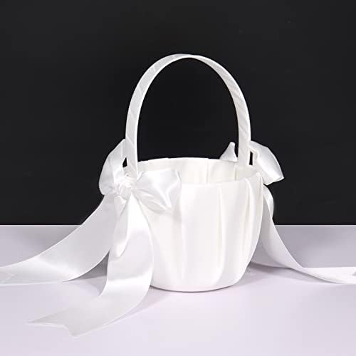 2Pcs Flower Girl Basket for Wedding, Wedding Basket with Satin Bow Wedding Ceremony Party Decor, White