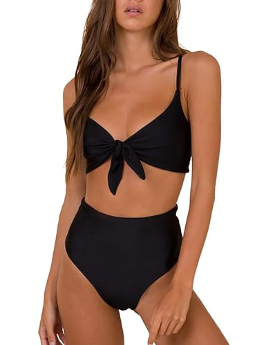 Honlyps Tie Front Juego de Bikini, Negro, M para Mujer