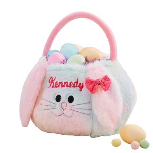 Personalization Universe Rainbow Bunny Embroidered Easter Treat Bag - Perfect for Easter Basket Stuffers, Ideal for Egg Hunts, Personalized with Any Name