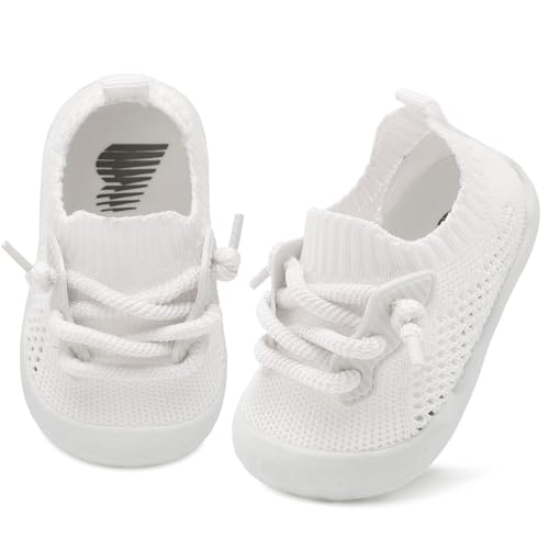 BARERUN Baby Shoes Boys Girls Infant Sneakers Non-Slip Rubber Sole Toddler Crib First Walker Shoes 1 Year Old Boy Shoes Sock Shoes for Baby Boy White 18-24 Months