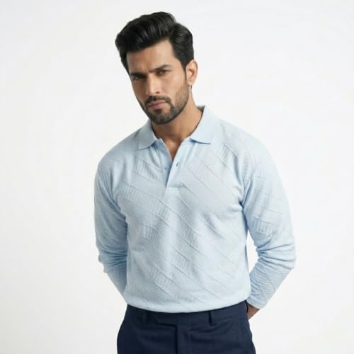Image of BEAR THREAD Men's Polo T-Shirt | Linear Jacquard Full Sleeve Textured Knit Polo | Smart Casual Collared Stretch Fabric Tee | Stylish Everyday Wear for Men